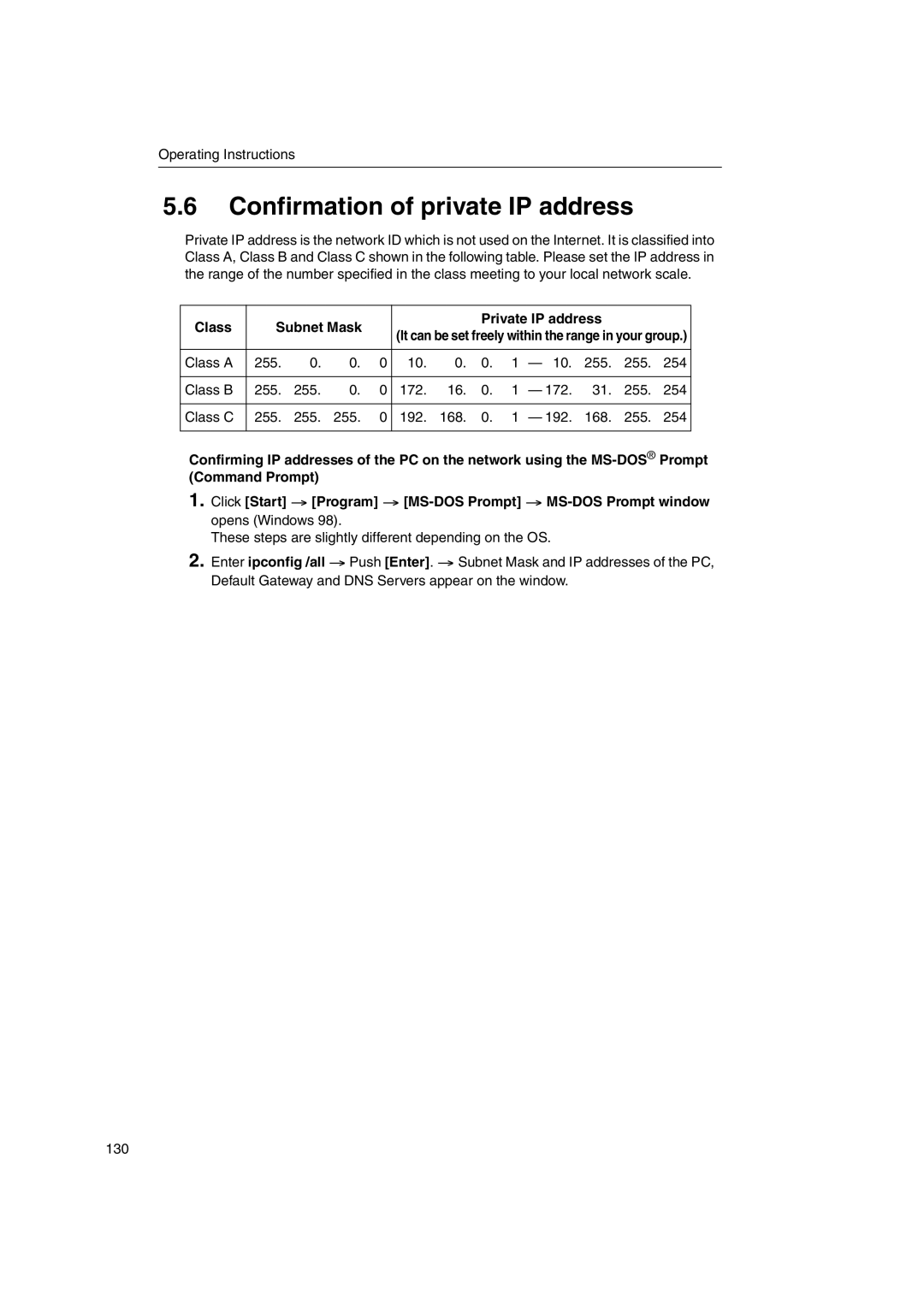 Panasonic KX-HGW600 manual Confirmation of private IP address, Class Subnet Mask Private IP address 