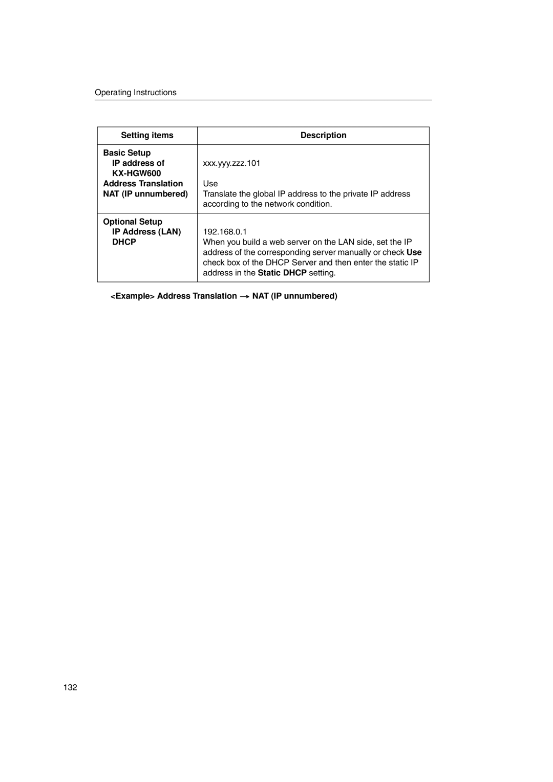 Panasonic KX-HGW600 manual When you build a web server on the LAN side, set the IP, Address in the Static Dhcp setting 