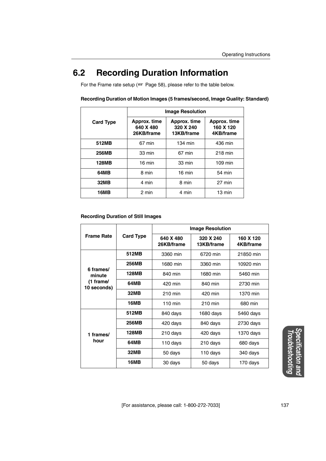 Panasonic KX-HGW600 manual Recording Duration Information 