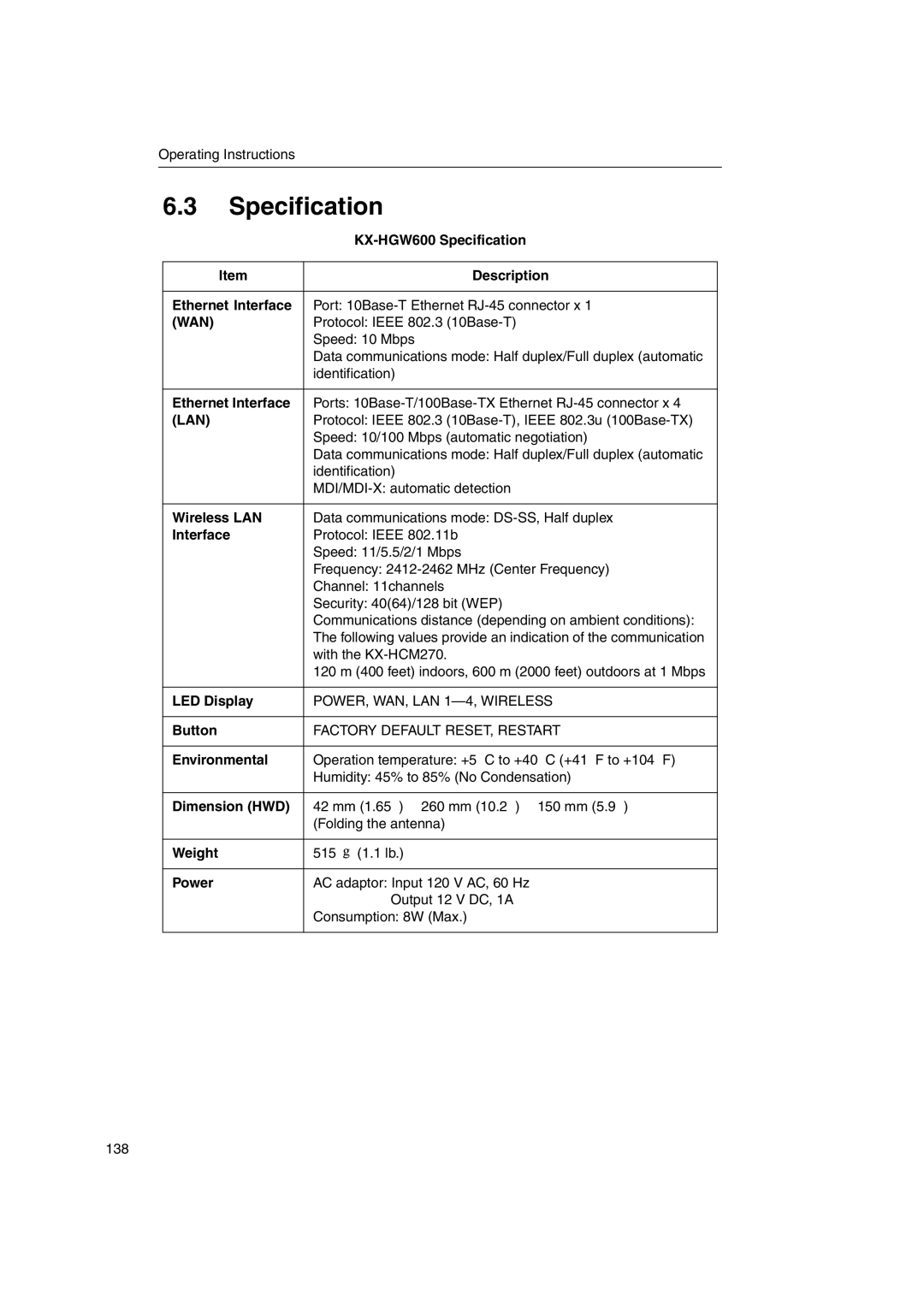 Panasonic KX-HGW600 manual Specification 