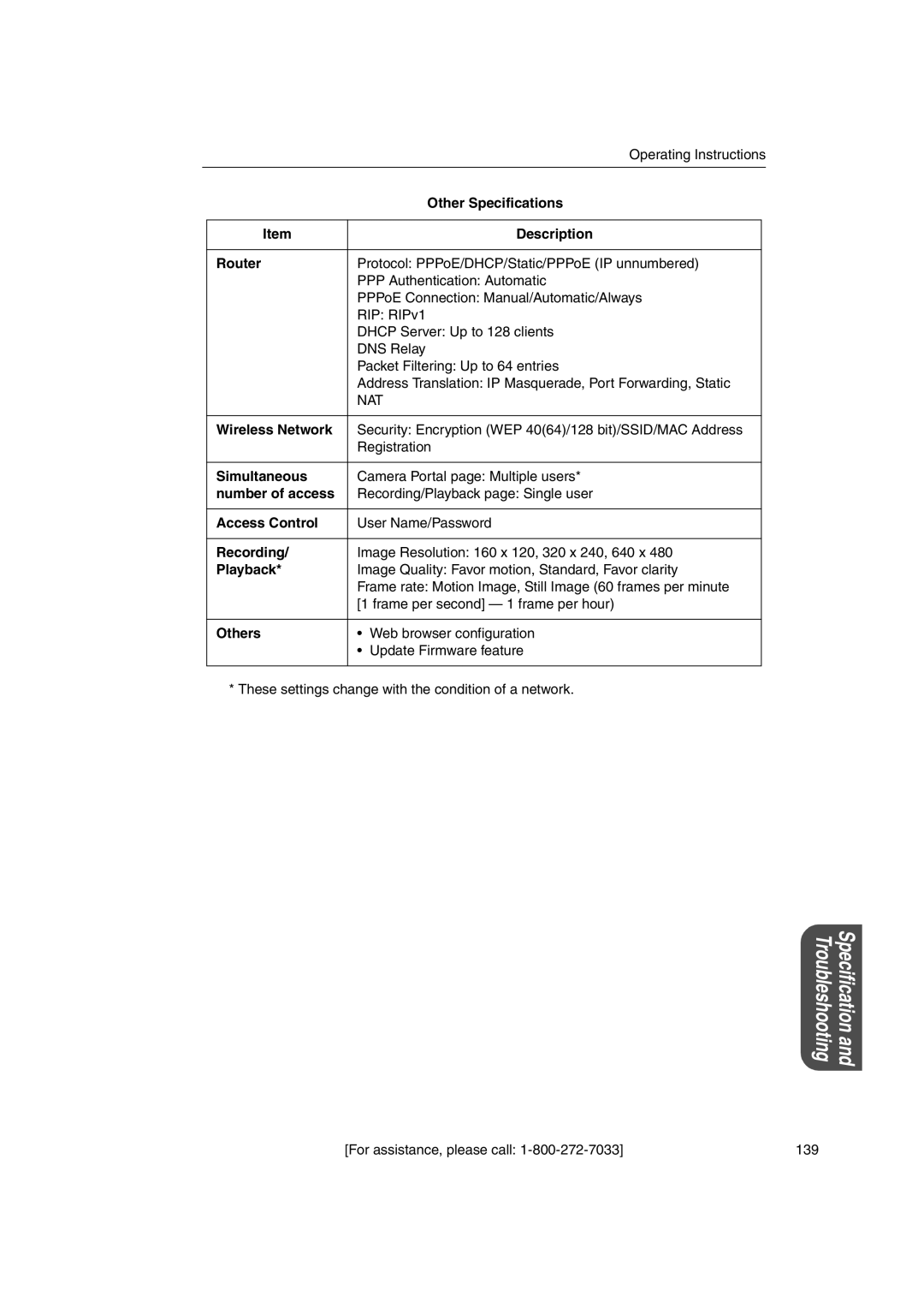 Panasonic KX-HGW600 Other Specifications, Description Router, Wireless Network, Simultaneous, Number of access, Recording 