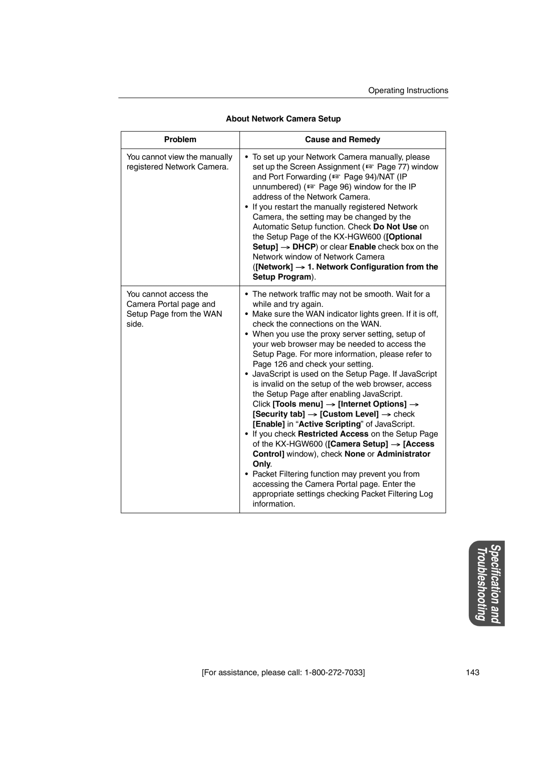 Panasonic KX-HGW600 manual About Network Camera Setup, Problem Cause and Remedy, Access, Only 