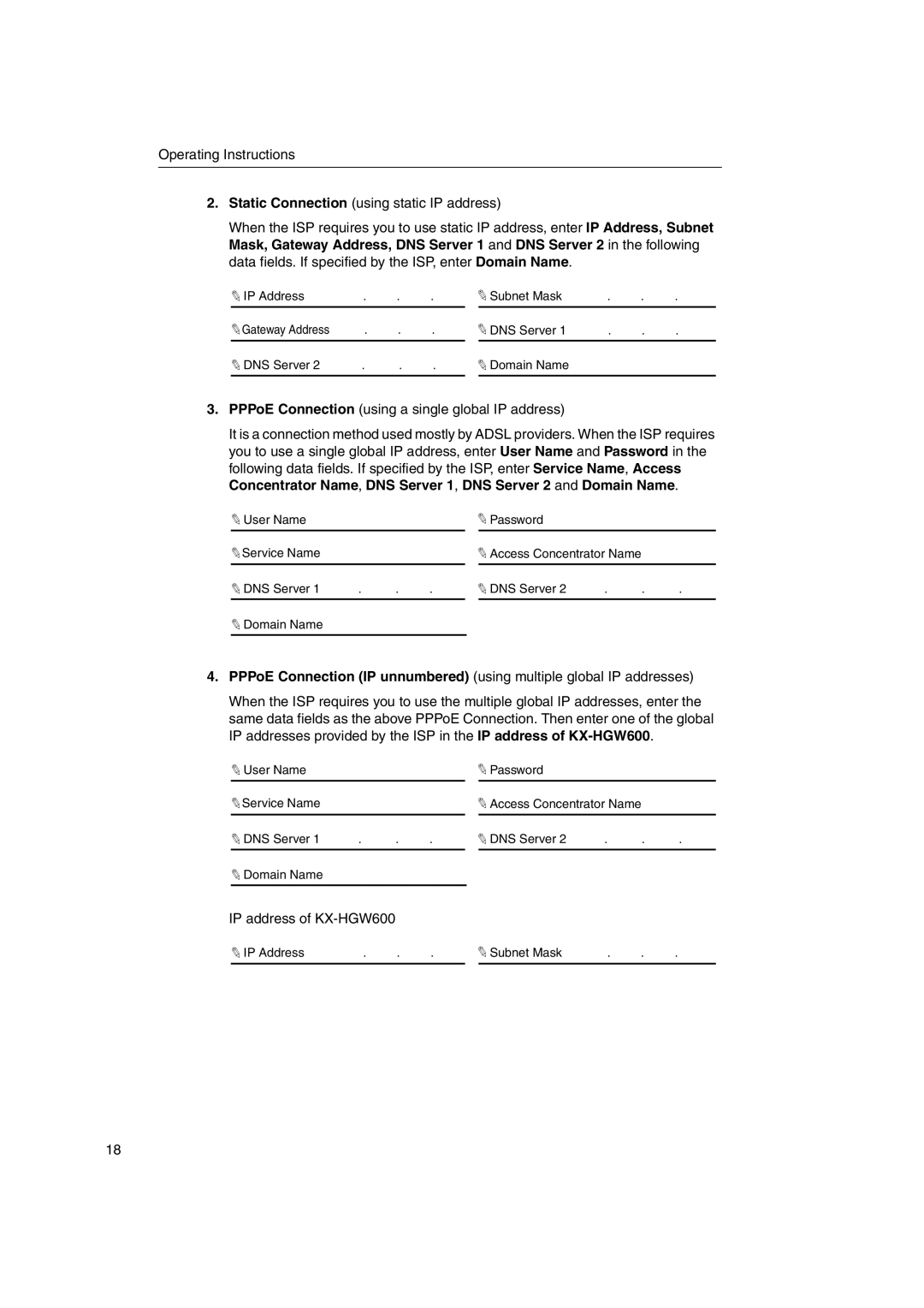 Panasonic manual IP address of KX-HGW600 