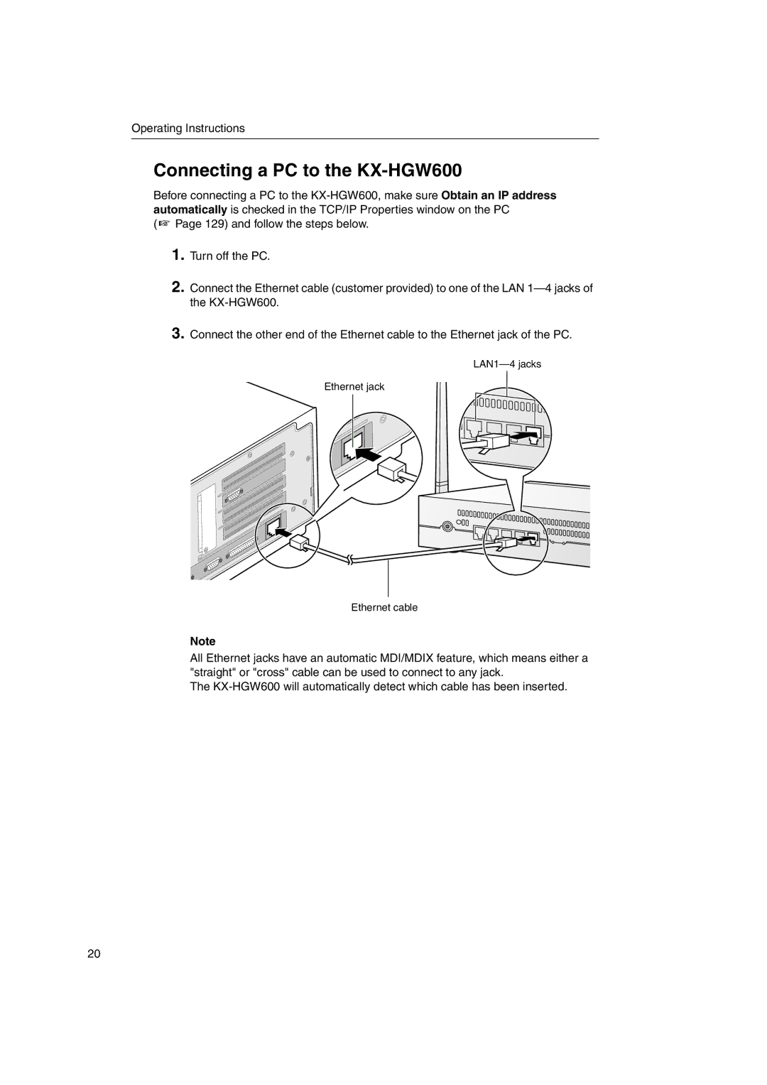 Panasonic manual Connecting a PC to the KX-HGW600 