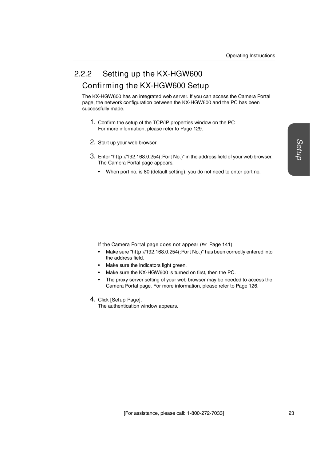 Panasonic KX-HGW600 manual If the Camera Portal page does not appear, Click Setup 