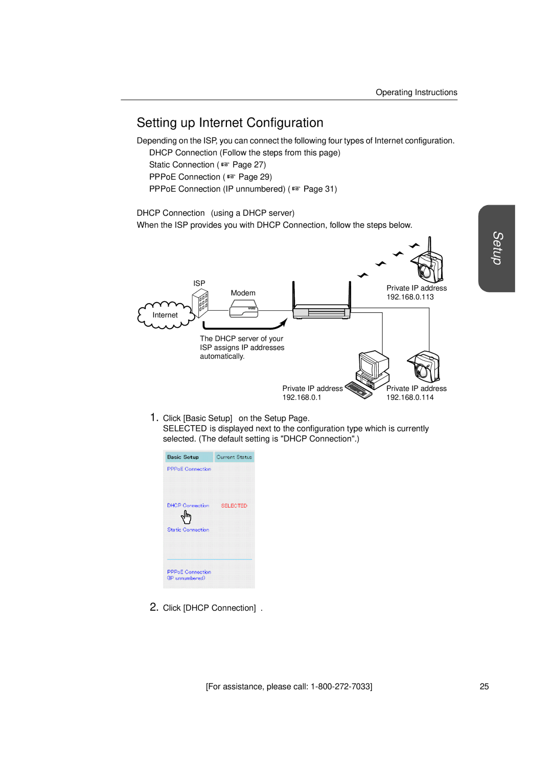 Panasonic KX-HGW600 manual Setting up Internet Configuration, Click Dhcp Connection 