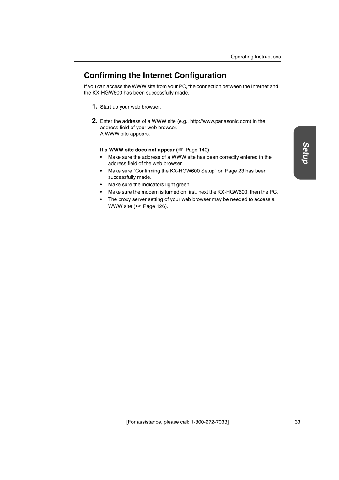 Panasonic KX-HGW600 manual Confirming the Internet Configuration, If a WWW site does not appear 