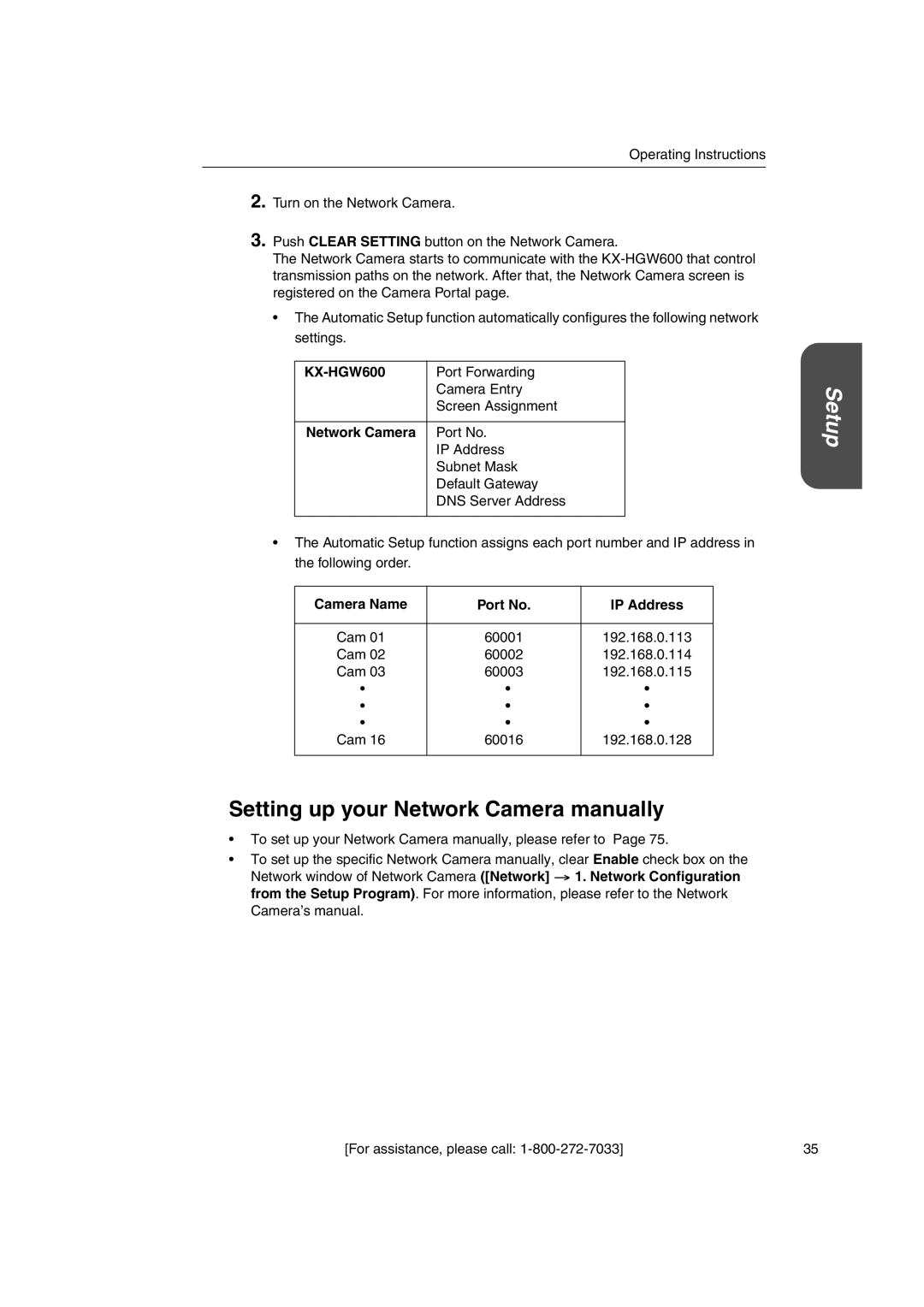 Panasonic KX-HGW600 Setting up your Network Camera manually, Camera Name Port No IP Address 