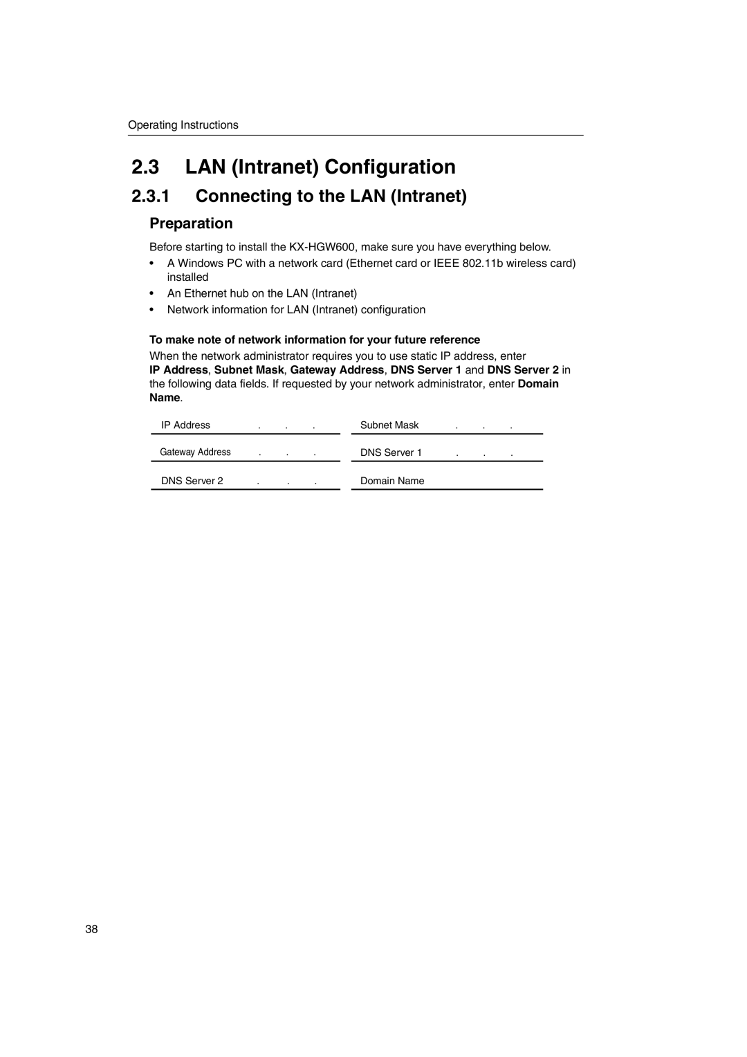 Panasonic KX-HGW600 manual LAN Intranet Configuration, Connecting to the LAN Intranet 