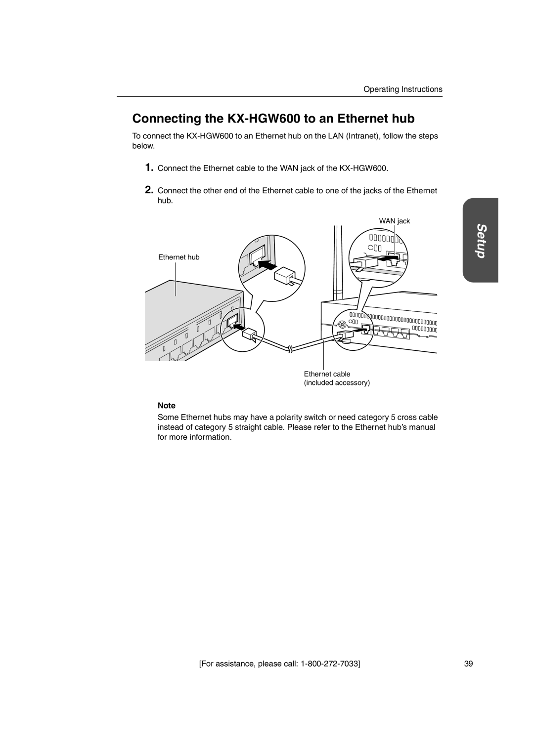 Panasonic manual Connecting the KX-HGW600 to an Ethernet hub 