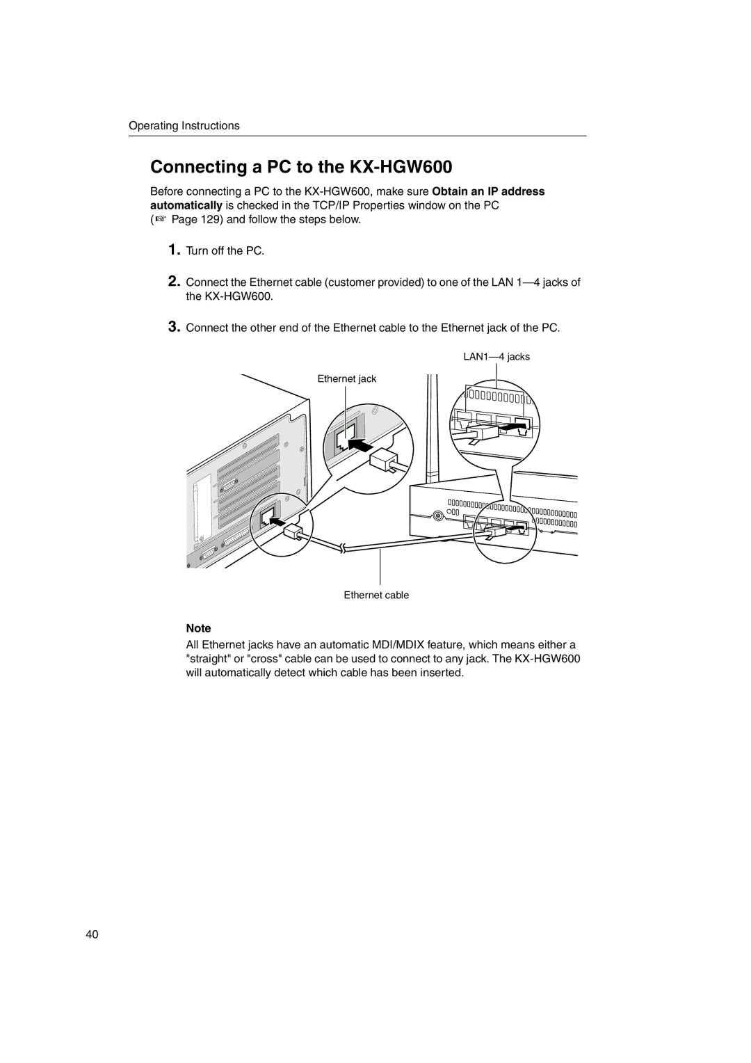 Panasonic manual Connecting a PC to the KX-HGW600 