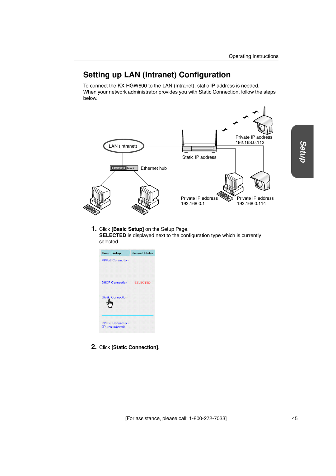 Panasonic KX-HGW600 manual Setting up LAN Intranet Configuration, Click Static Connection 