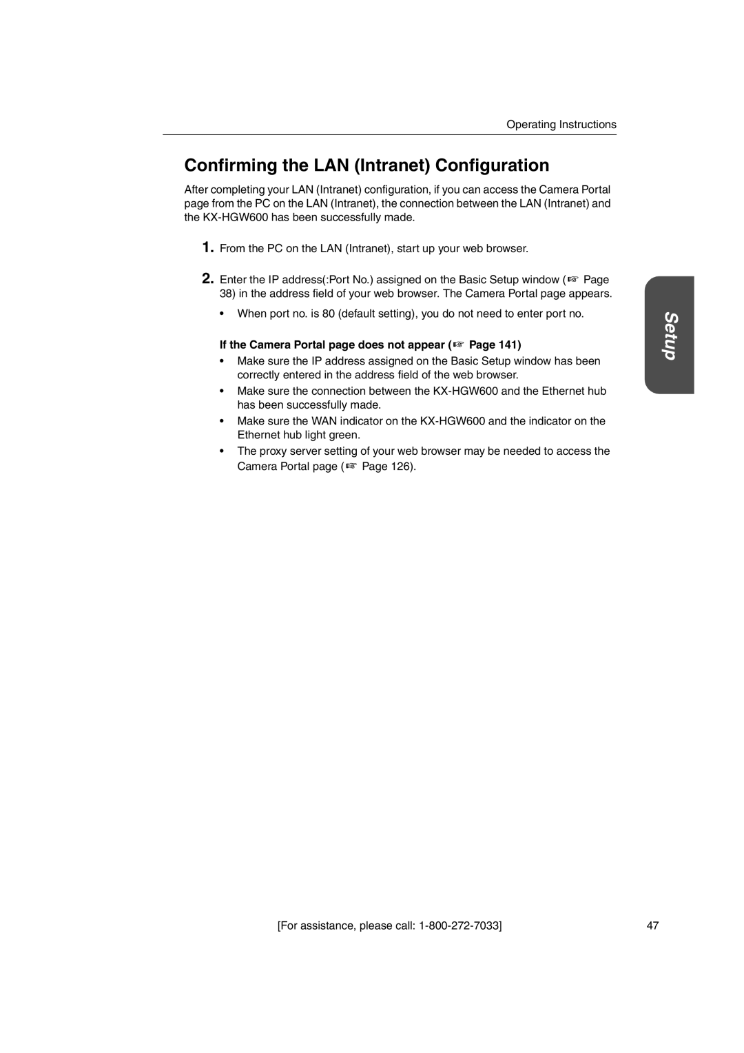 Panasonic KX-HGW600 manual Confirming the LAN Intranet Configuration, If the Camera Portal page does not appear 