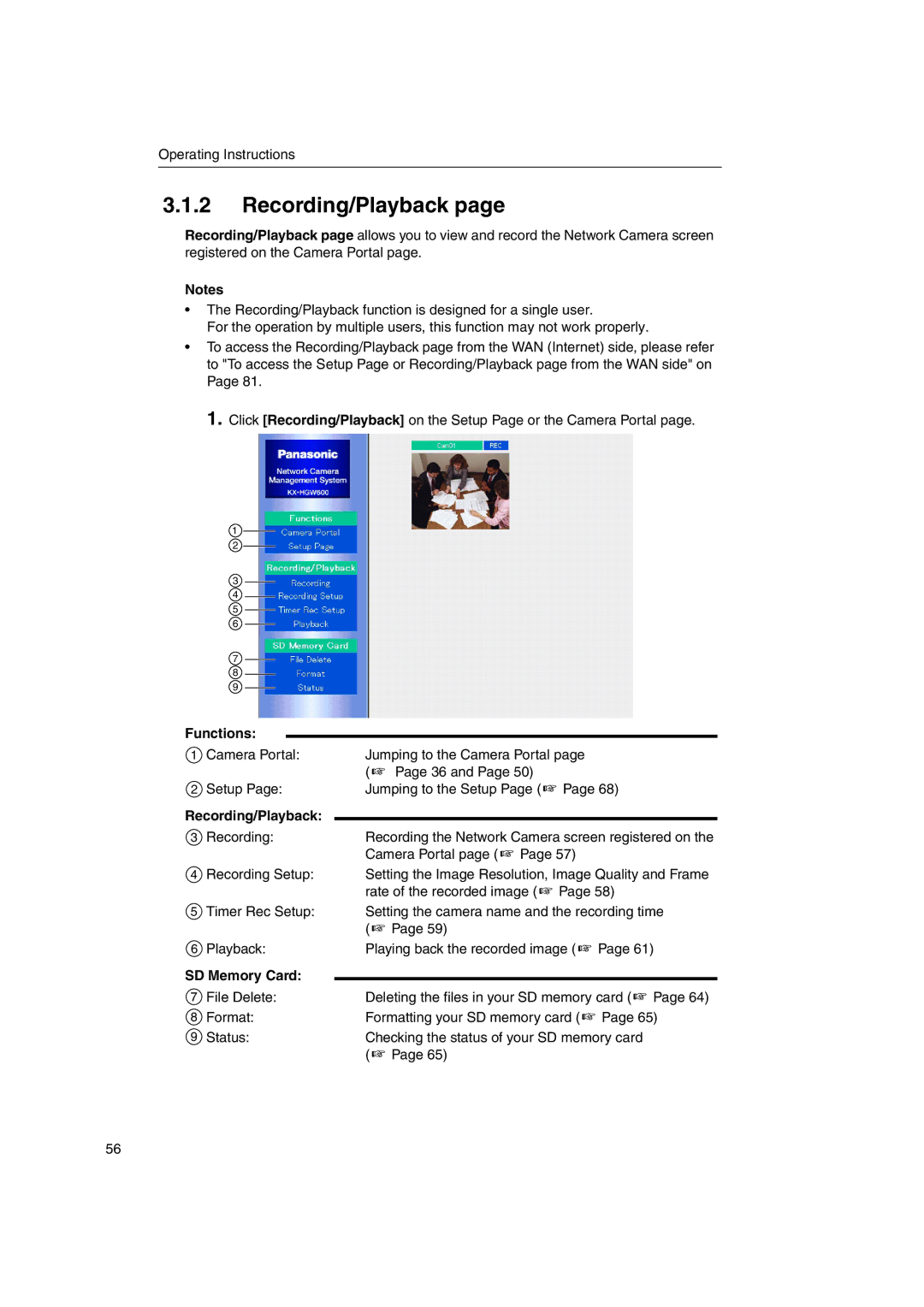 Panasonic KX-HGW600 manual Recording/Playback, Functions, SD Memory Card 