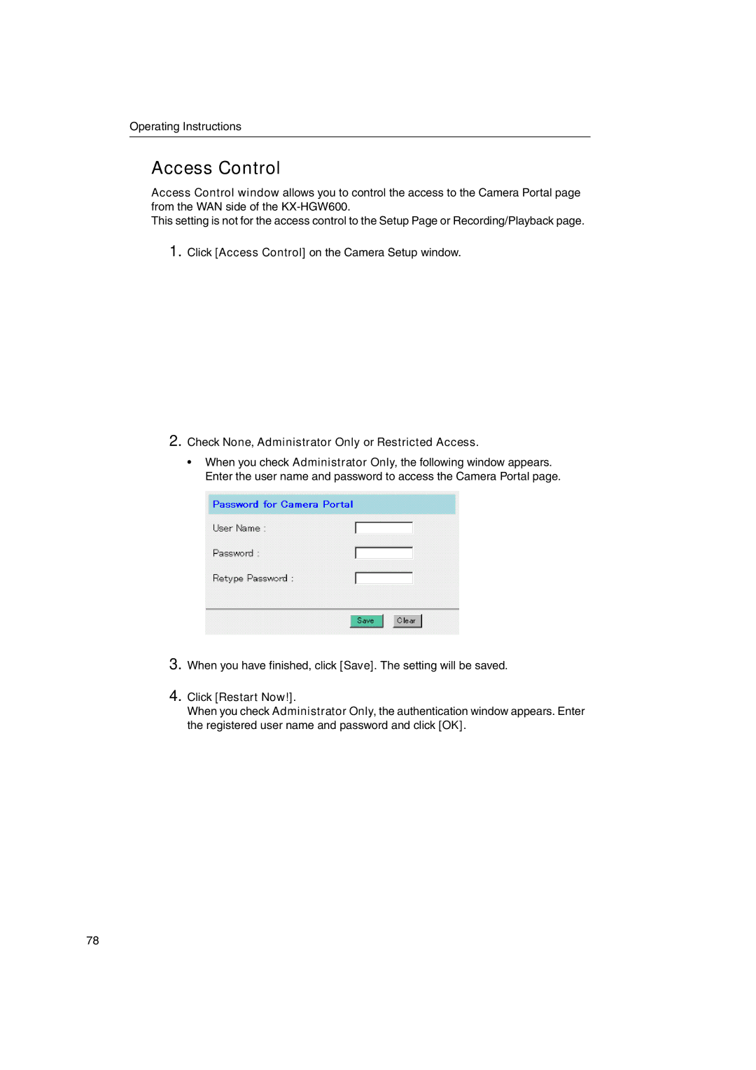 Panasonic KX-HGW600 manual Access Control, Check None, Administrator Only or Restricted Access 