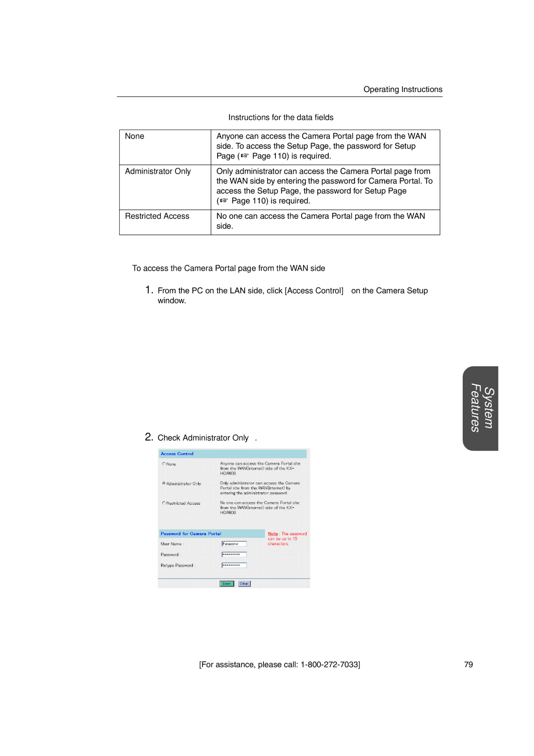 Panasonic KX-HGW600 manual None, Administrator Only, Restricted Access, To access the Camera Portal page from the WAN side 