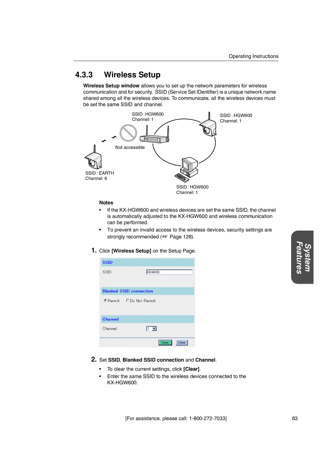 Panasonic KX-HGW600 manual Wireless Setup, Set SSID, Blanked Ssid connection and Channel 