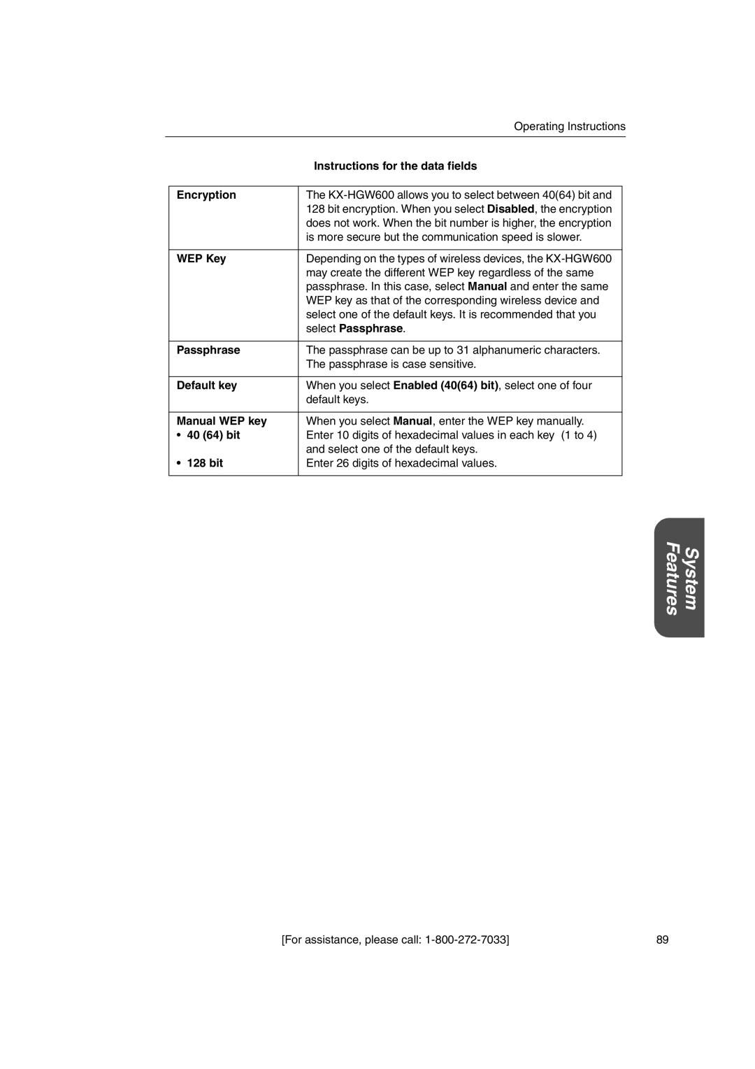 Panasonic KX-HGW600 manual Encryption, WEP Key, Select Passphrase, Default key, Manual WEP key, 40 64 bit, 128 bit 