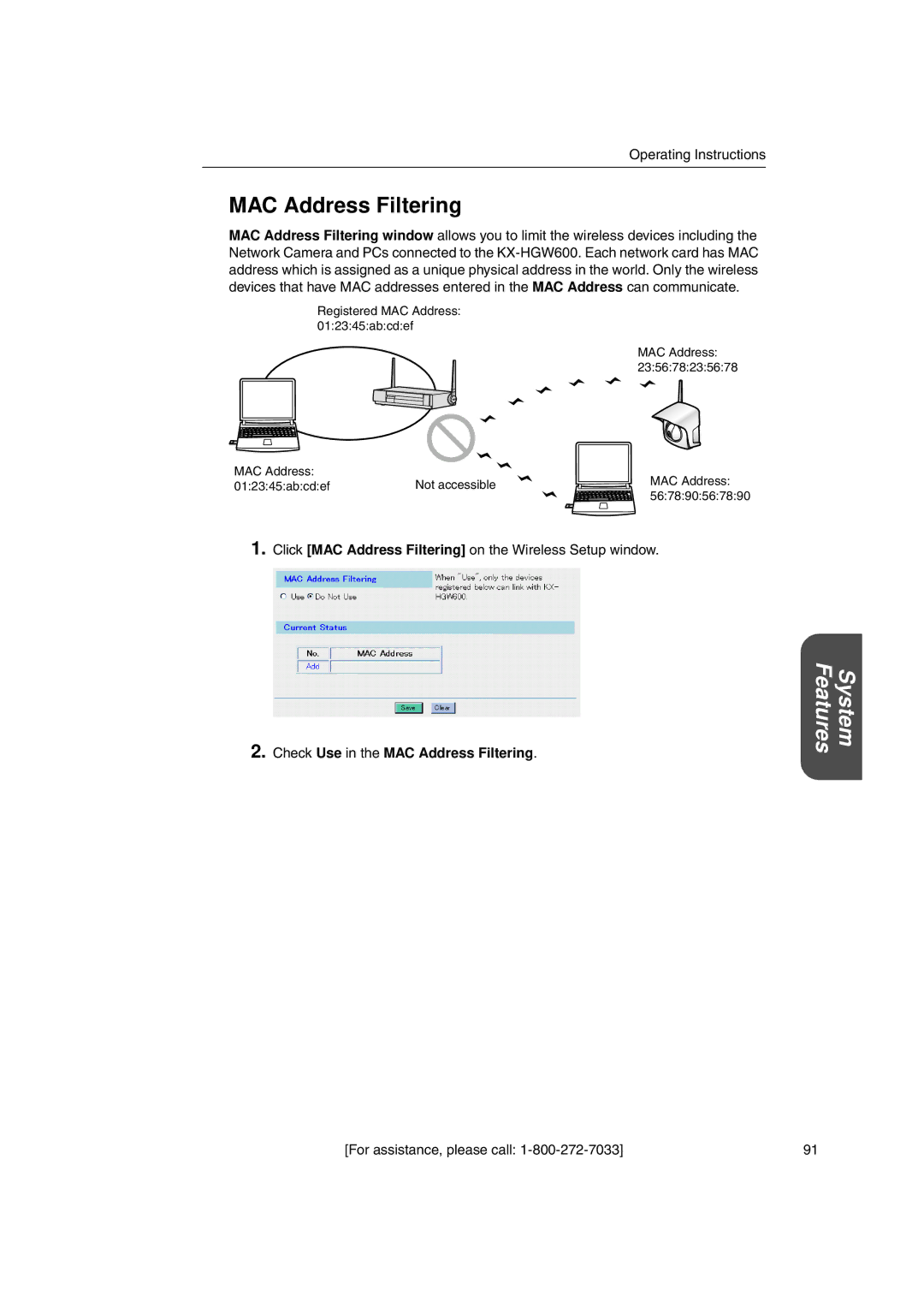 Panasonic KX-HGW600 manual Check Use in the MAC Address Filtering 