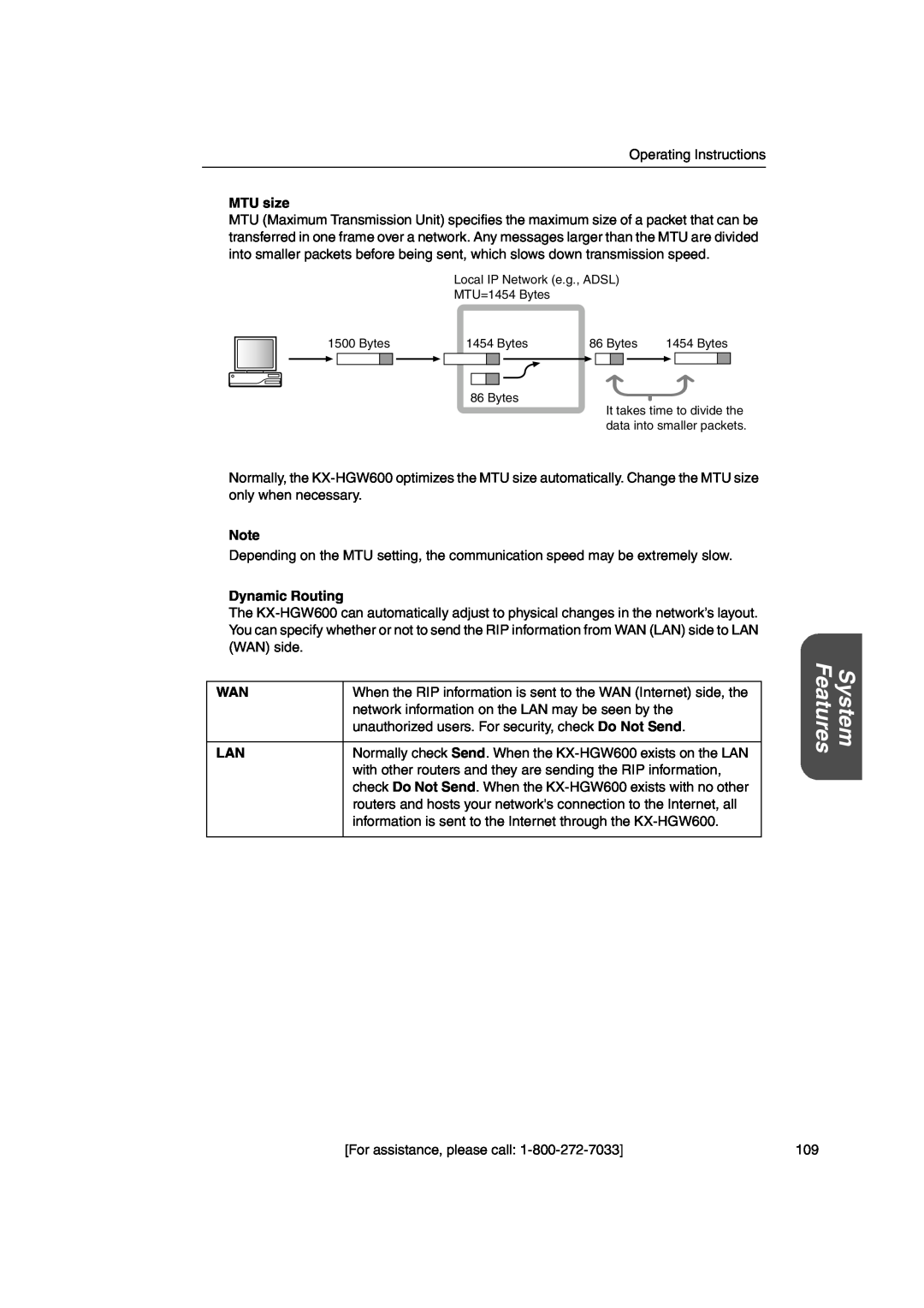 Panasonic KX-HGW600 manual Features, System, MTU size, Dynamic Routing 