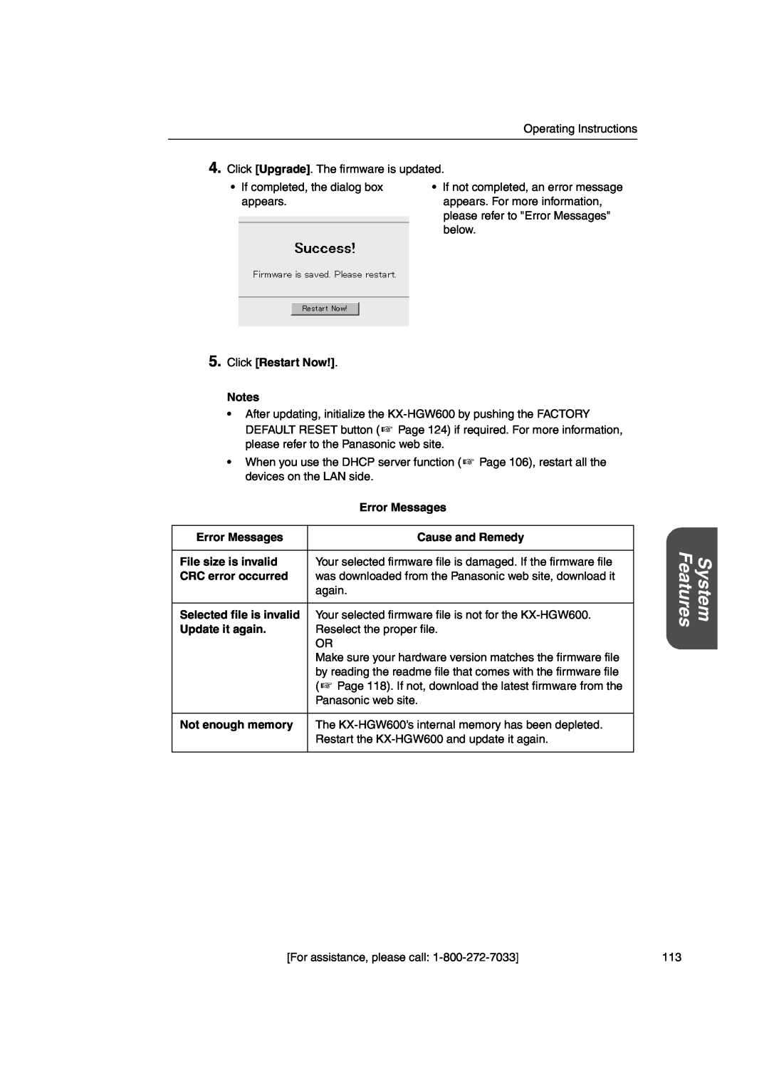 Panasonic KX-HGW600 manual Features, System, If not completed, an error message 