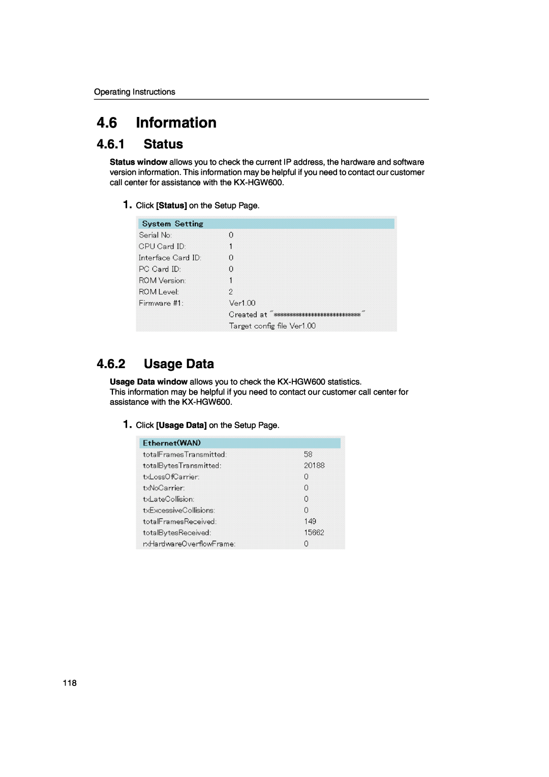 Panasonic KX-HGW600 manual Information, Status, Usage Data 