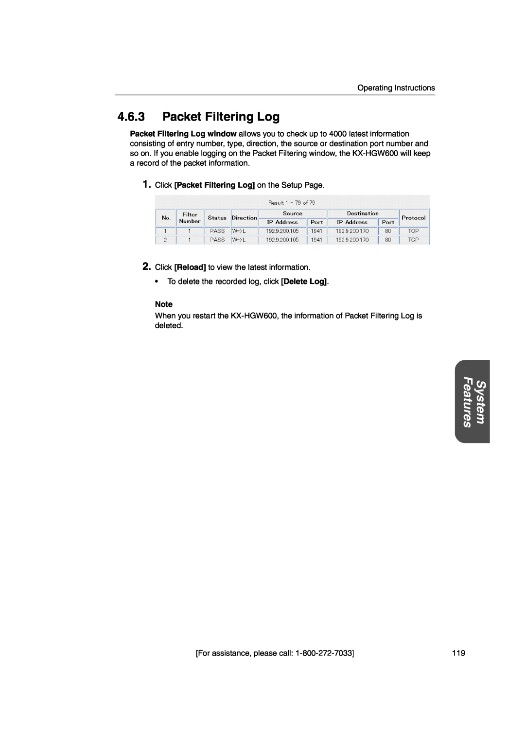 Panasonic KX-HGW600 manual Packet Filtering Log, Features, System 