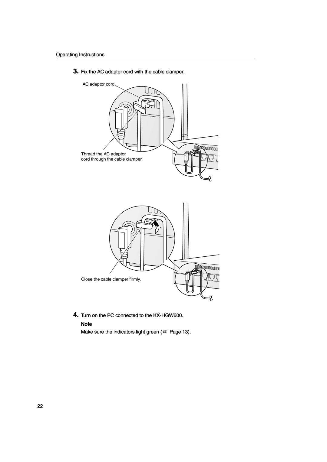 Panasonic KX-HGW600 Operating Instructions, Fix the AC adaptor cord with the cable clamper, Close the cable clamper firmly 