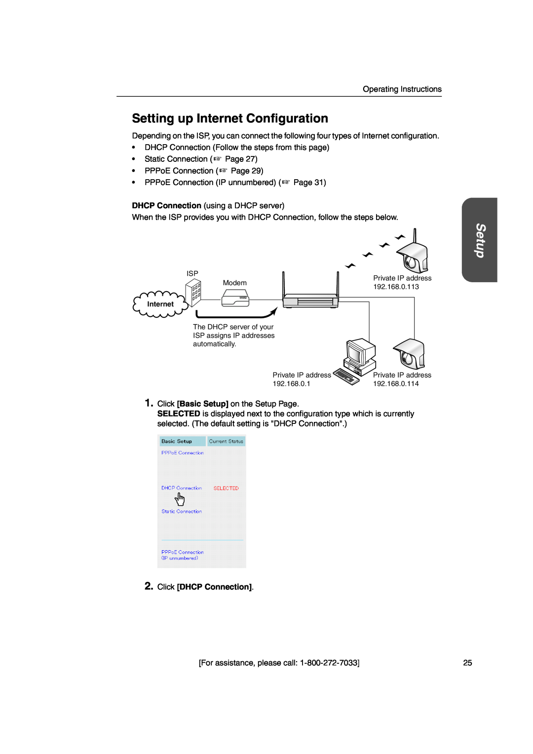 Panasonic KX-HGW600 manual Setting up Internet Configuration, Setup, Click DHCP Connection 