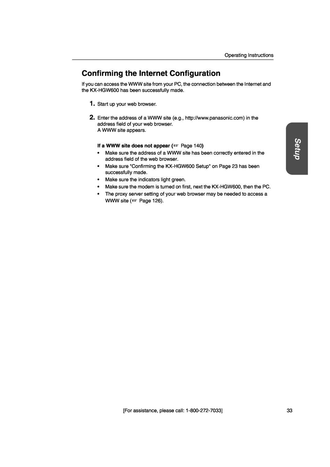 Panasonic KX-HGW600 manual Confirming the Internet Configuration, Setup, If a WWW site does not appear Page 