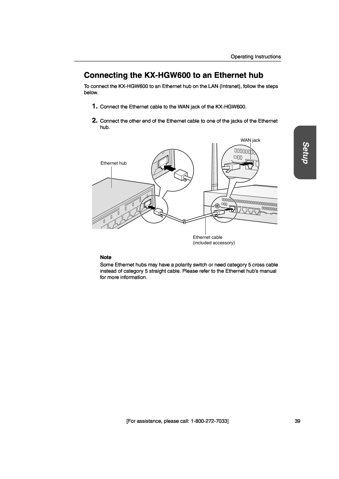 Panasonic Connecting the KX-HGW600 to an Ethernet hub, Setup, WAN jack Ethernet hub Ethernet cable included accessory 