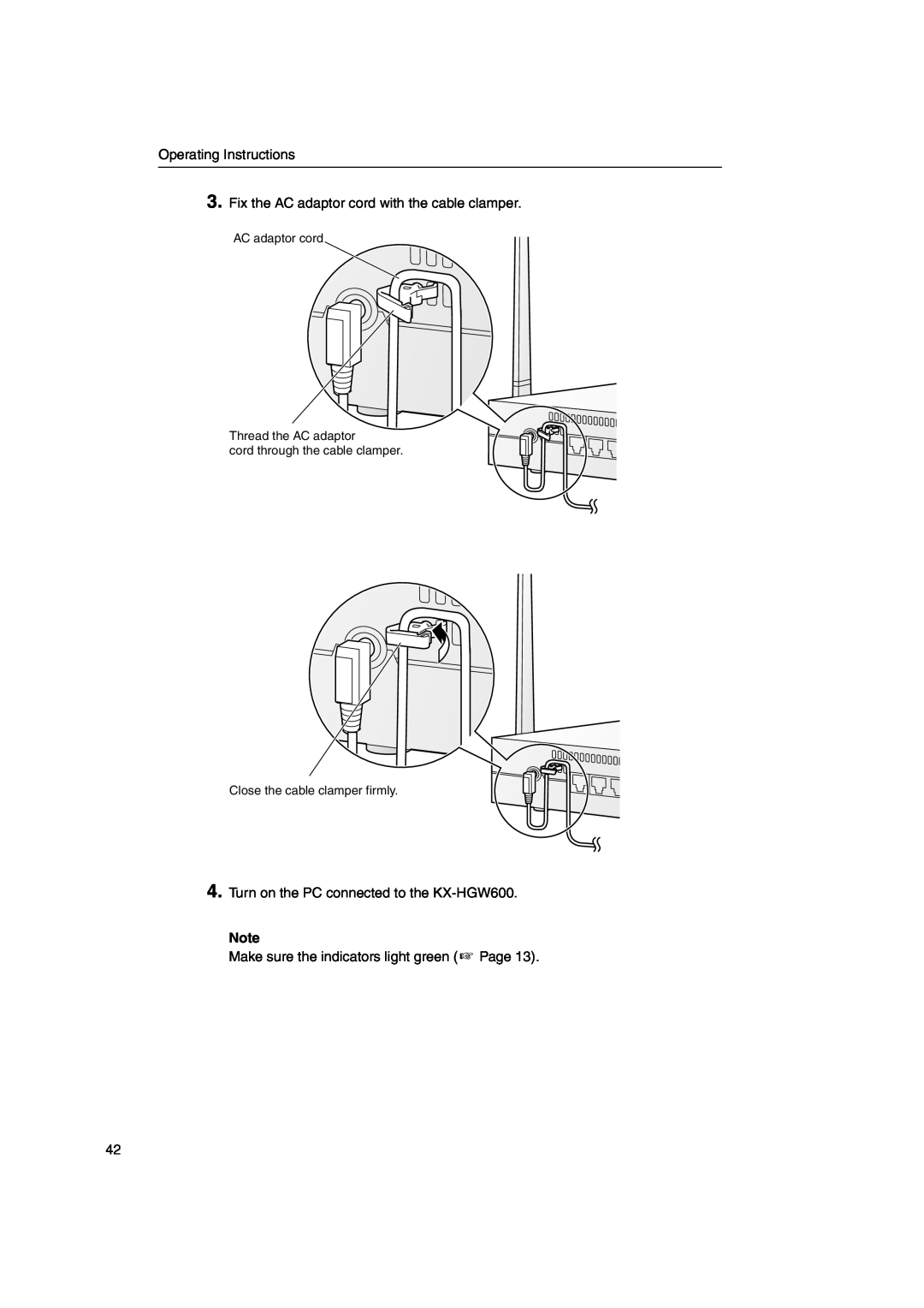 Panasonic KX-HGW600 Operating Instructions, Fix the AC adaptor cord with the cable clamper, Close the cable clamper firmly 