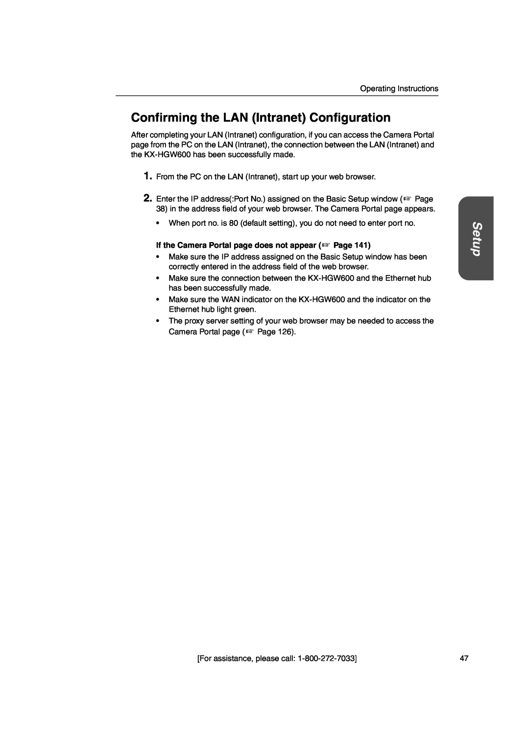 Panasonic KX-HGW600 manual Confirming the LAN Intranet Configuration, Setup 