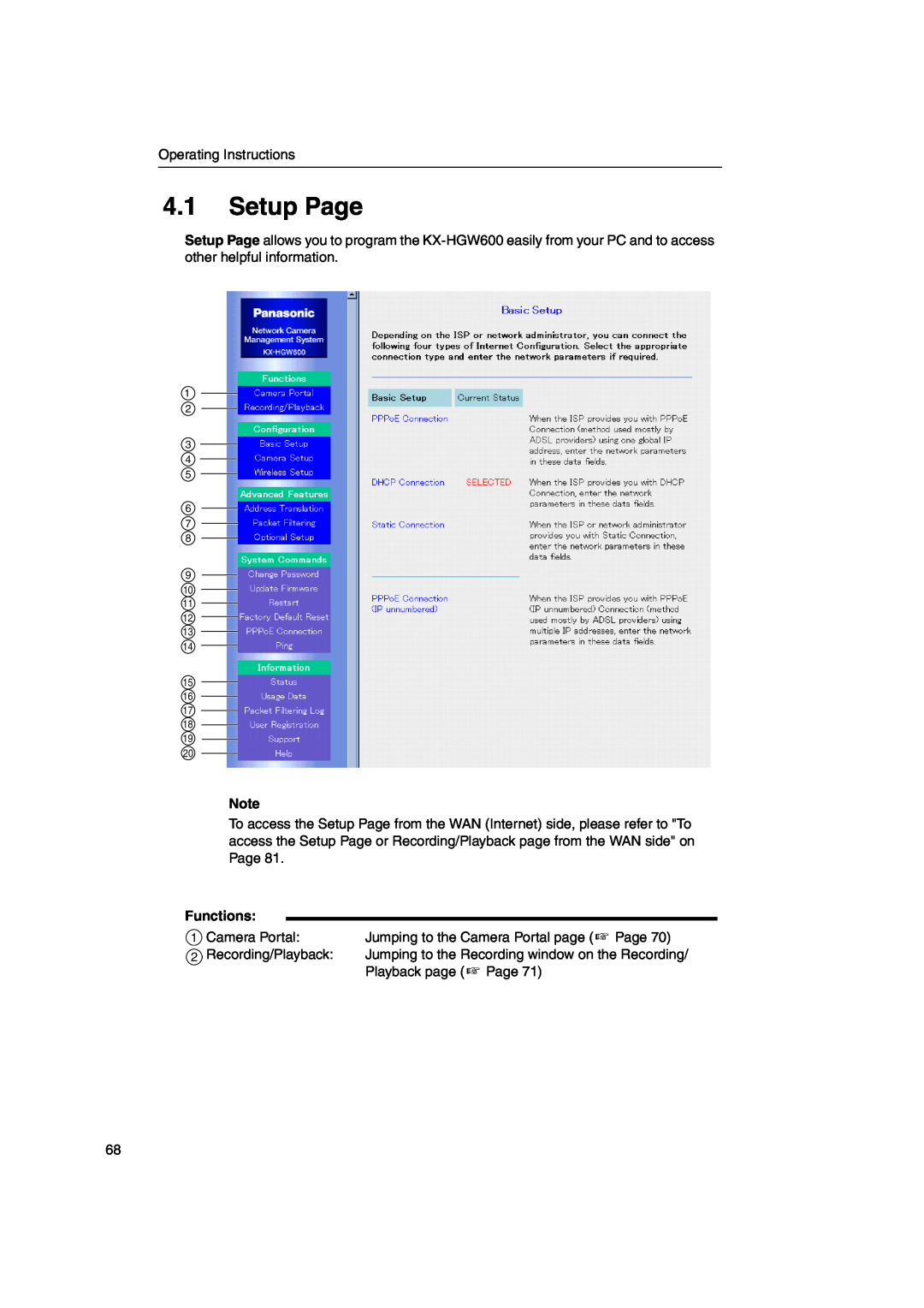 Panasonic KX-HGW600 manual Setup Page, Functions 