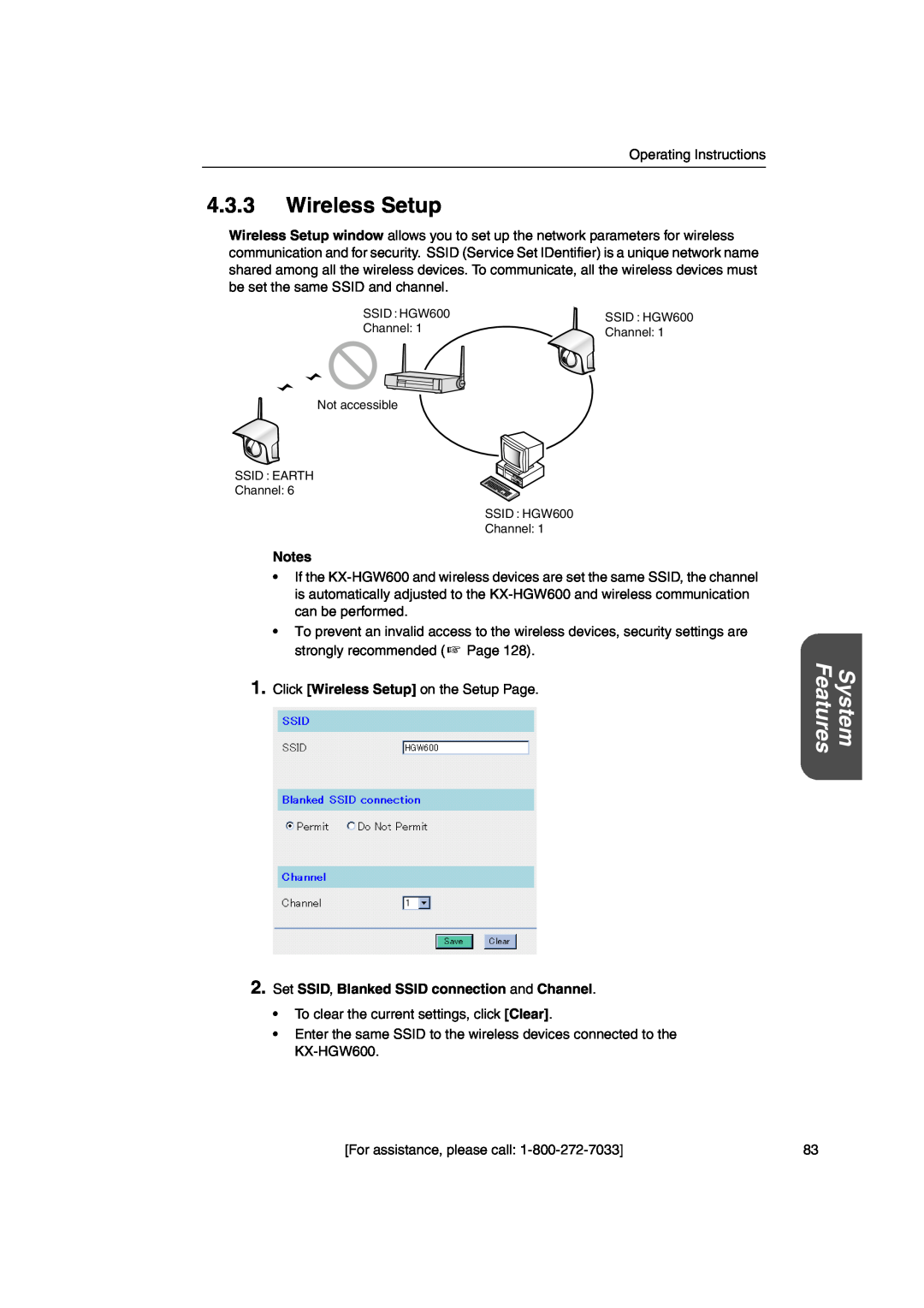 Panasonic KX-HGW600 manual Wireless Setup, Features, System, Set SSID, Blanked SSID connection and Channel 