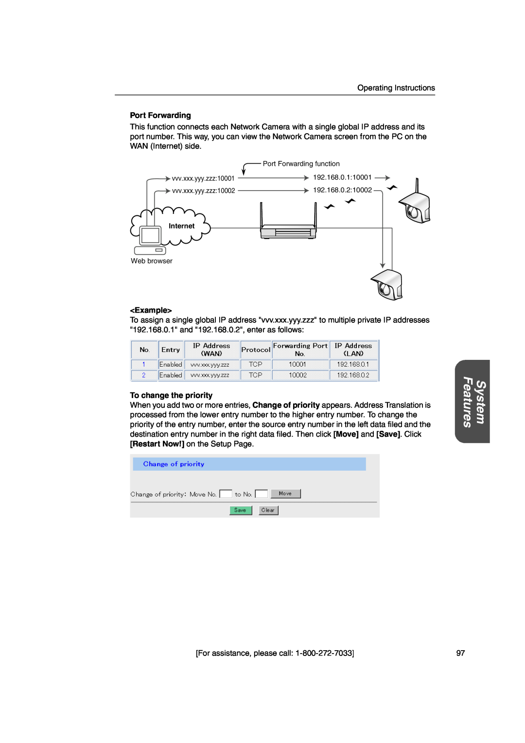 Panasonic KX-HGW600 manual Features, System, Port Forwarding, Example, To change the priority 