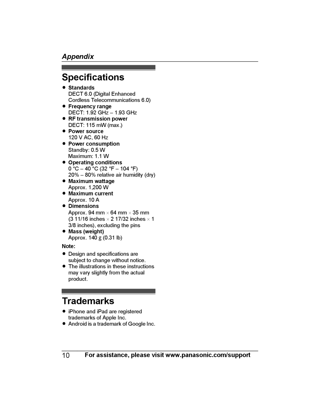 Panasonic KX-HNA101 manual Specifications, Trademarks 