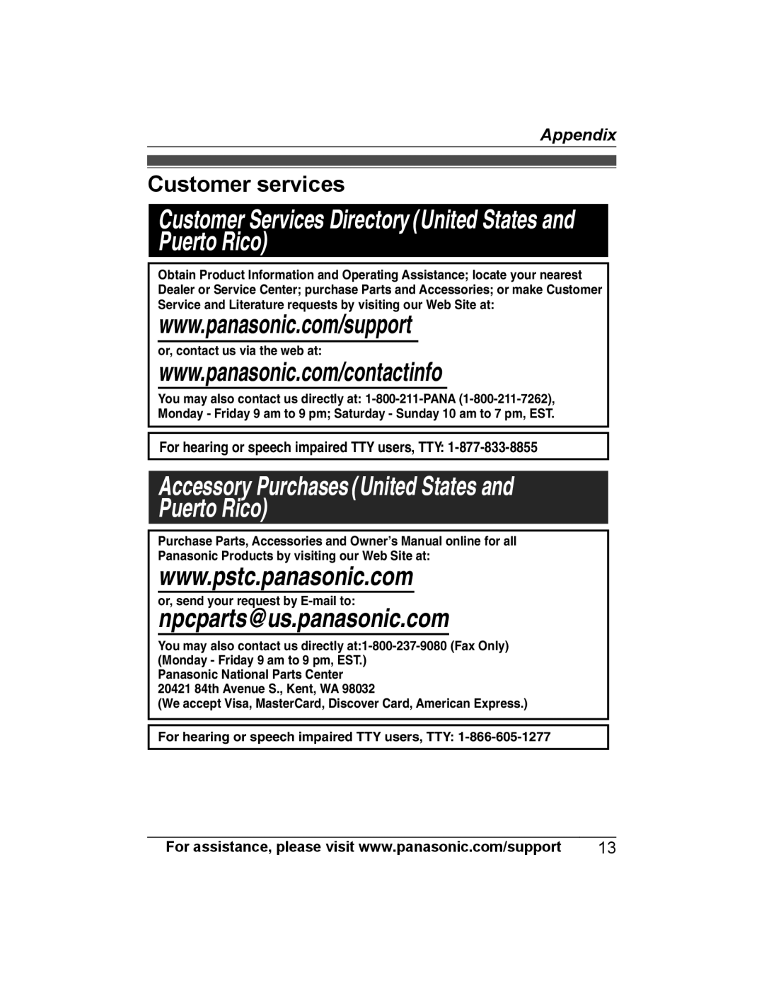 Panasonic KX-HNA101 manual Customer services, Or, contact us via the web at, Or, send your request by E-mail to 