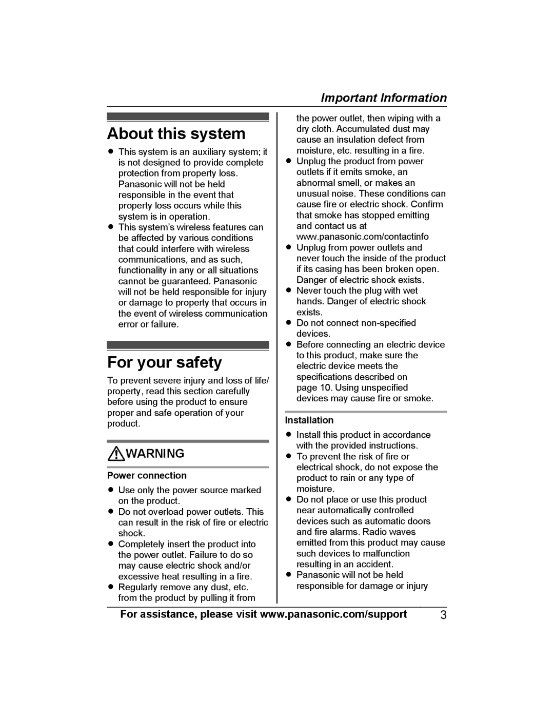 Panasonic KX-HNA101 manual About this system, For your safety, Power connection, Installation 