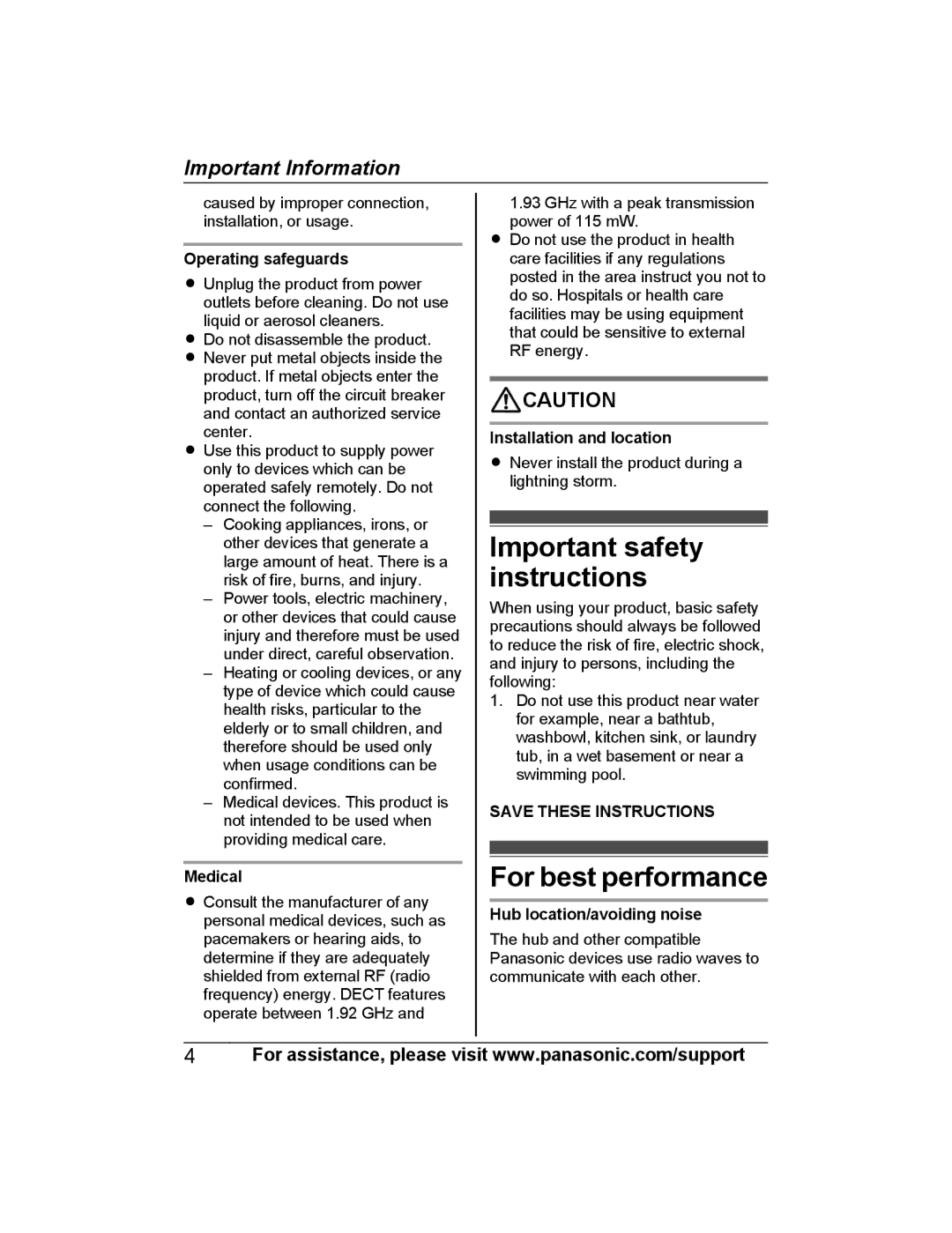 Panasonic KX-HNA101 manual Important safety instructions, For best performance 