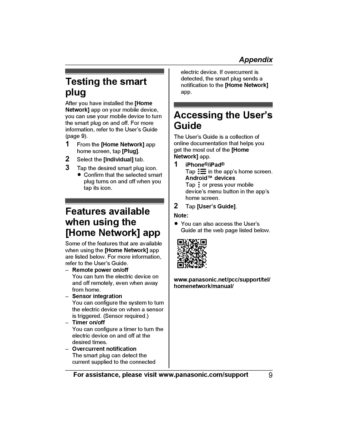 Panasonic KX-HNA101 Testing the smart plug, Features available when using the Home Network app, Accessing the User’s Guide 