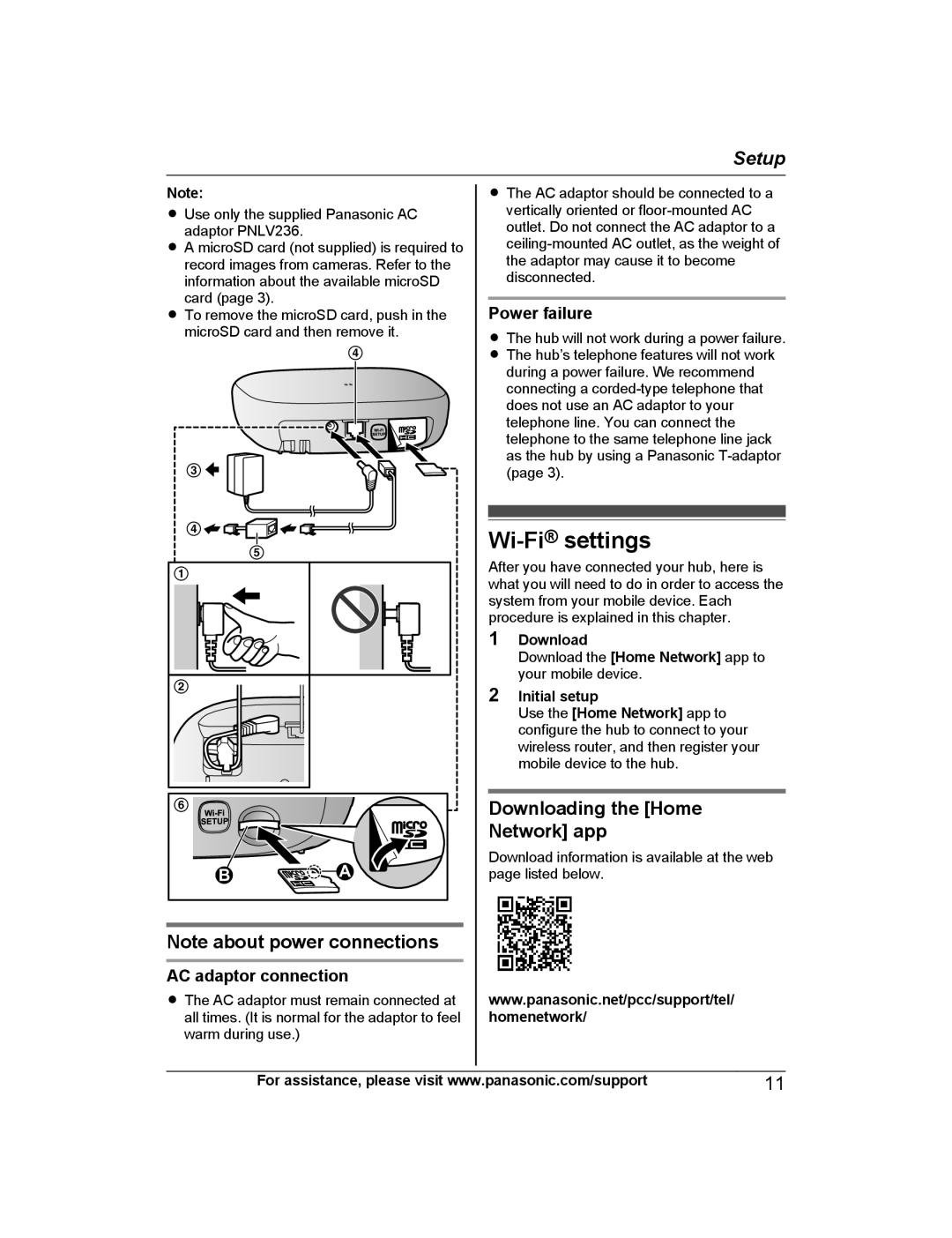 Panasonic KX-HNB600 setup guide Wi-Fisettings, Downloading the Home Network app, AC adaptor connection, Power failure 