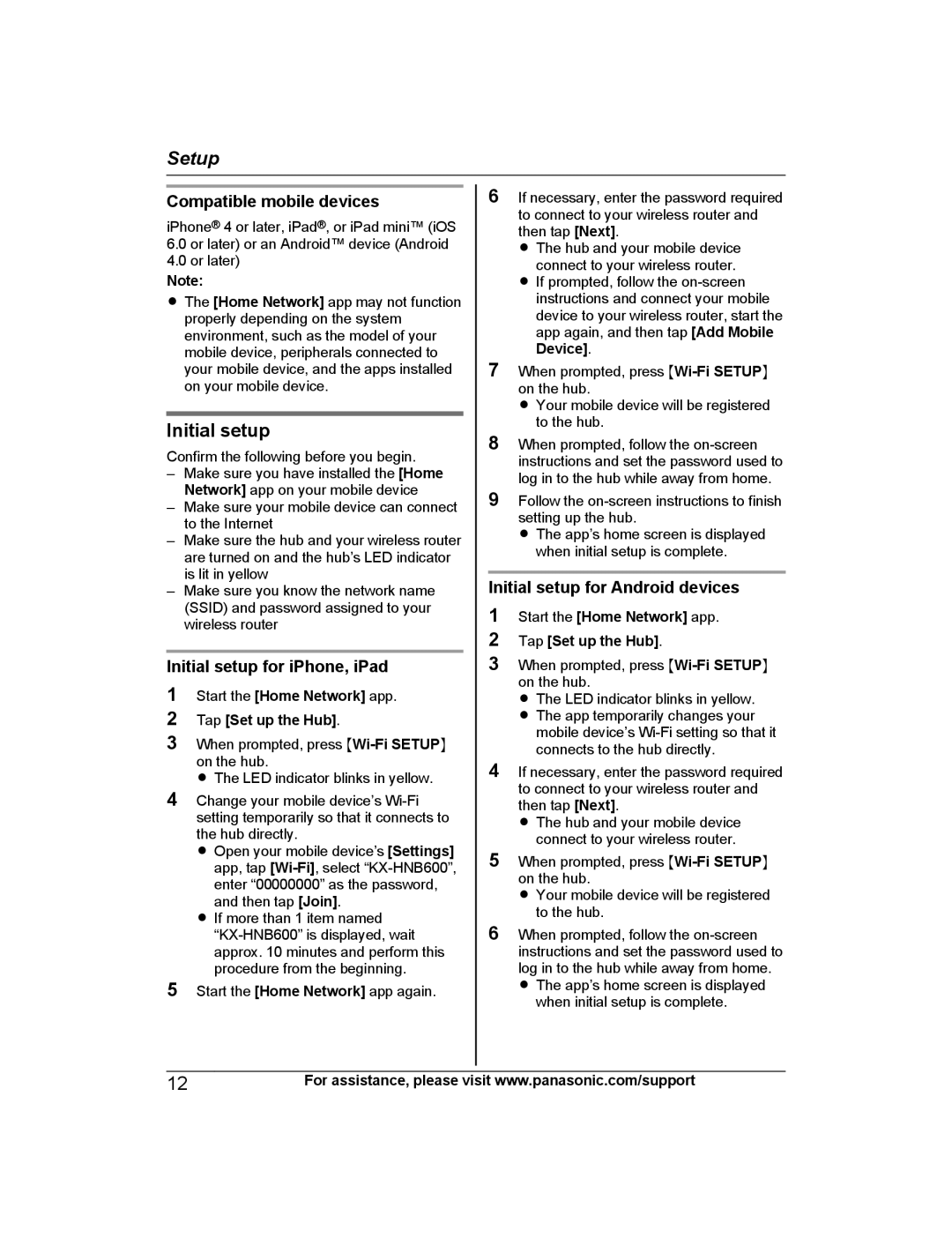 Panasonic KX-HNB600 Compatible mobile devices, Initial setup for iPhone, iPad, Initial setup for Android devices 
