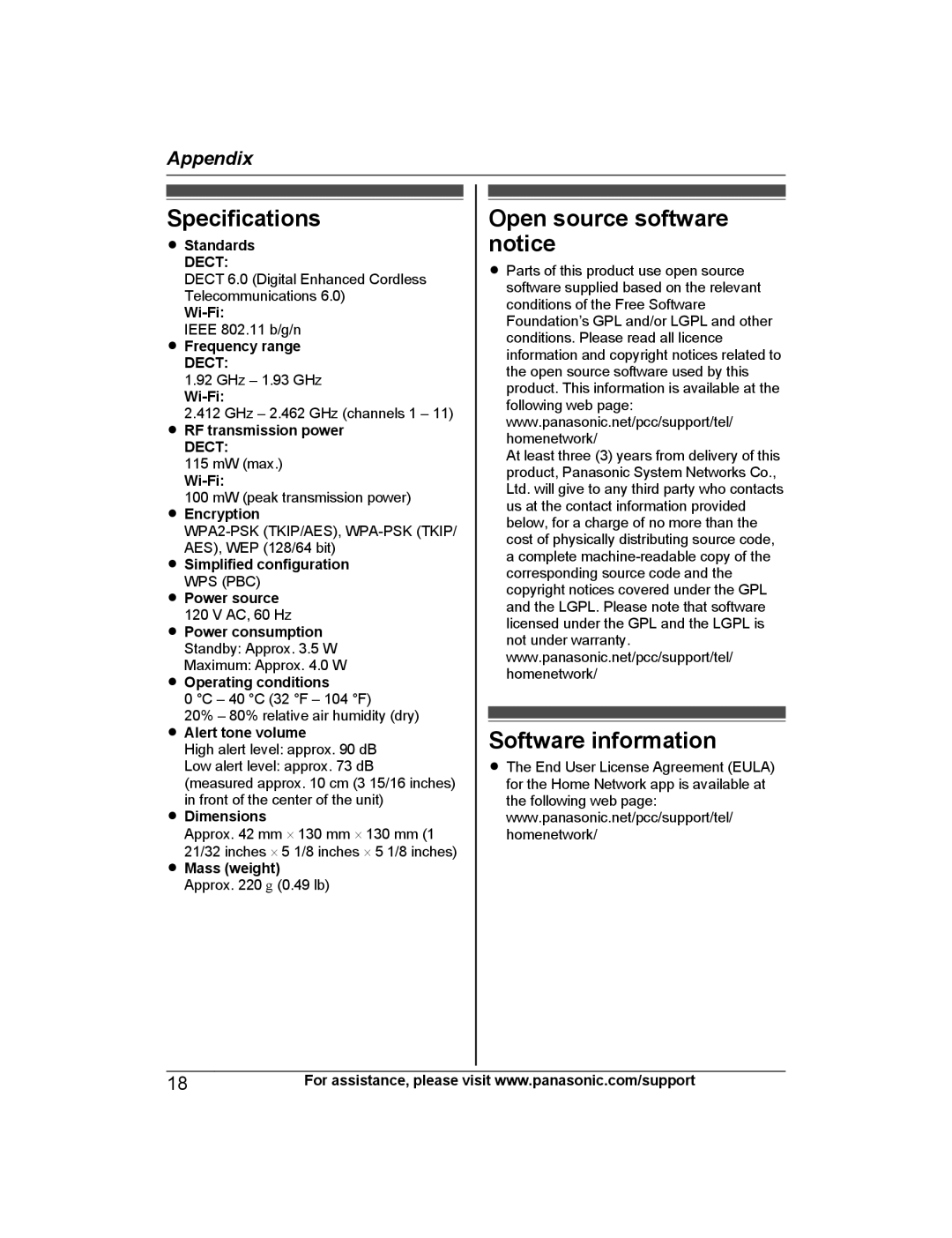 Panasonic KX-HNB600 setup guide Specifications, Open source software notice Software information 