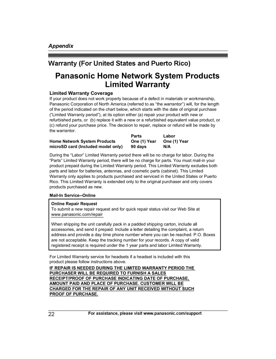 Panasonic KX-HNB600 setup guide Warranty For United States and Puerto Rico, Limited Warranty Coverage 