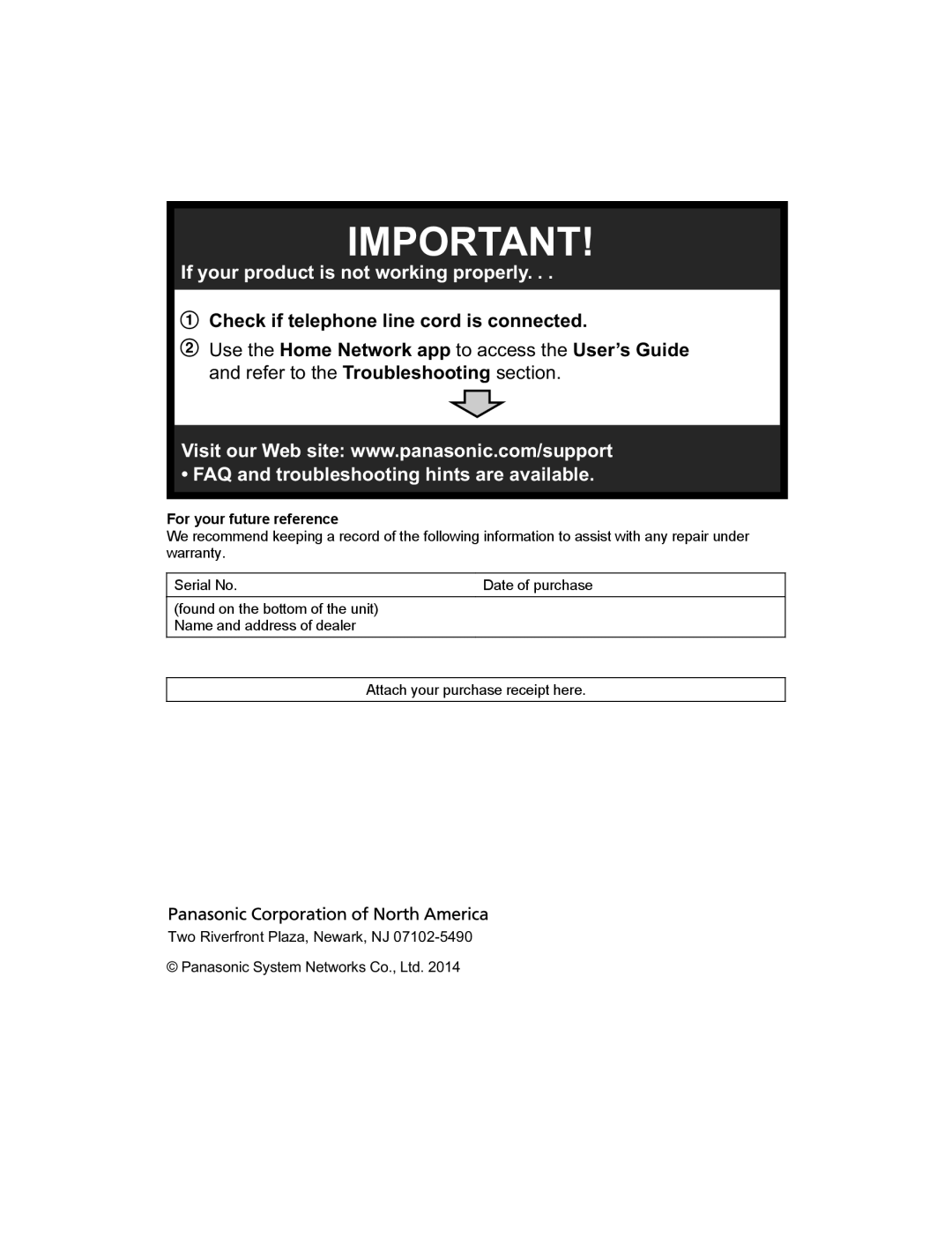 Panasonic KX-HNB600 setup guide If your product is not working properly, For your future reference 