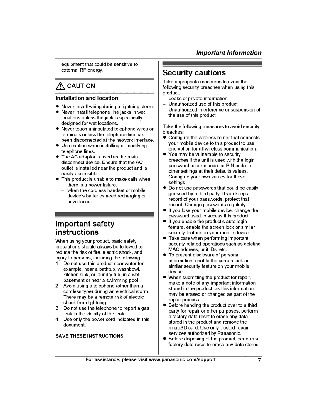 Panasonic KX-HNB600 setup guide Important safety instructions, Security cautions, Installation and location 