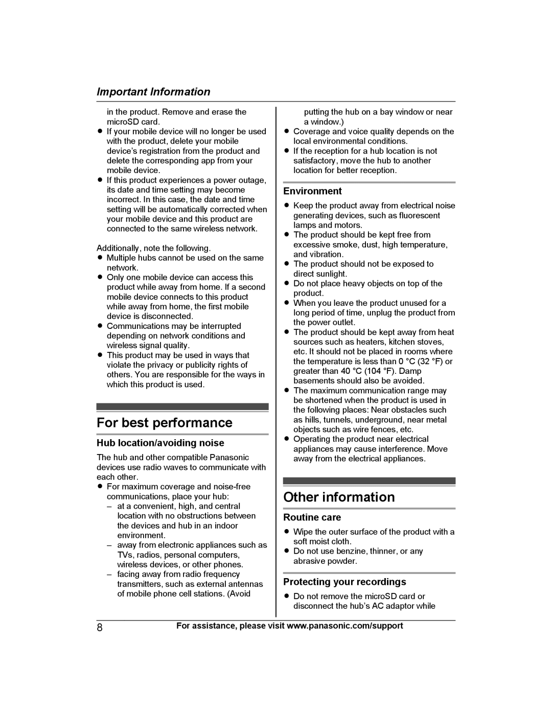 Panasonic KX-HNB600 setup guide For best performance, Other information 