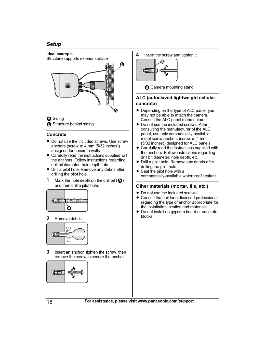 Panasonic KX-HNC600 manual Concrete, ALC autoclaved lightweight cellular concrete, Other materials mortar, tile, etc 