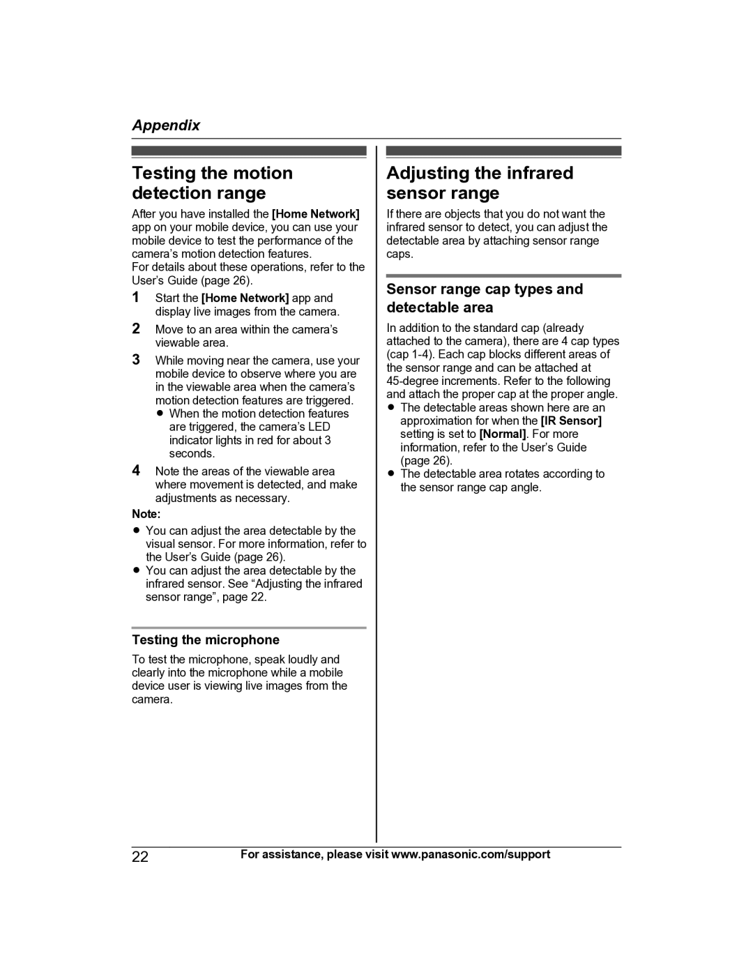 Panasonic KX-HNC600 manual Testing the motion detection range, Adjusting the infrared sensor range, Testing the microphone 
